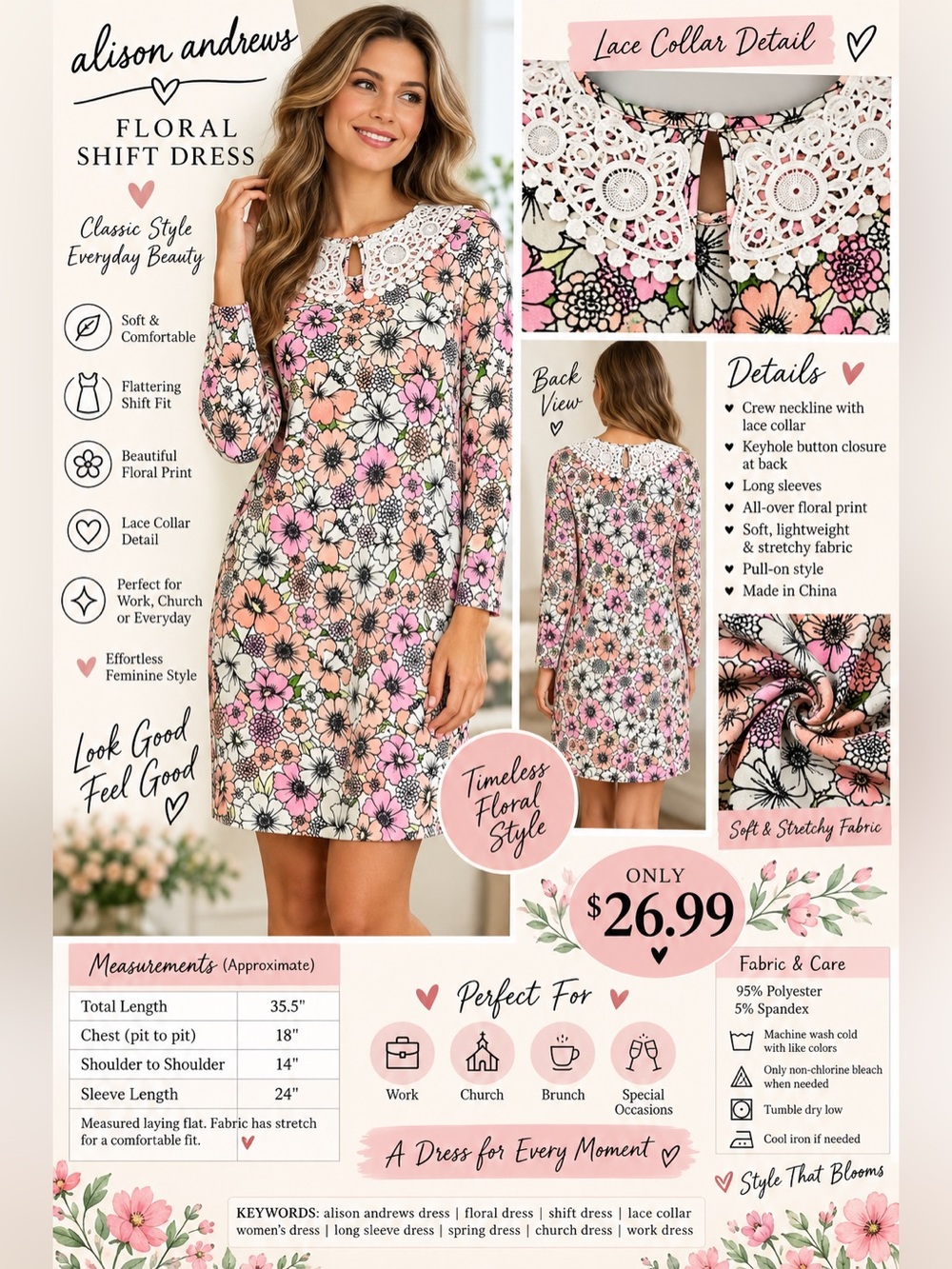 Floral Lace-Collar Long Sleeve Shift Dress - Pink & Peach